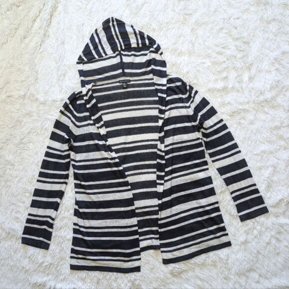 Willi Smith Linen Blend Blue & White Striped Hooded Open Front Cardigan - Picture 1 of 8